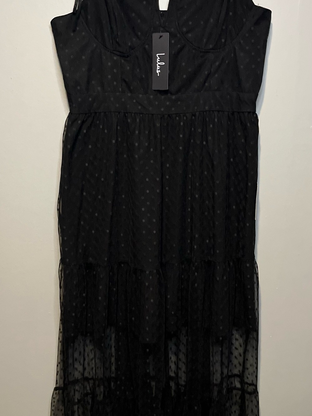 Lulus Black Sheer Polka Dot Lace Tiered Whimsy Goth Party Dress Large NEW W/tag